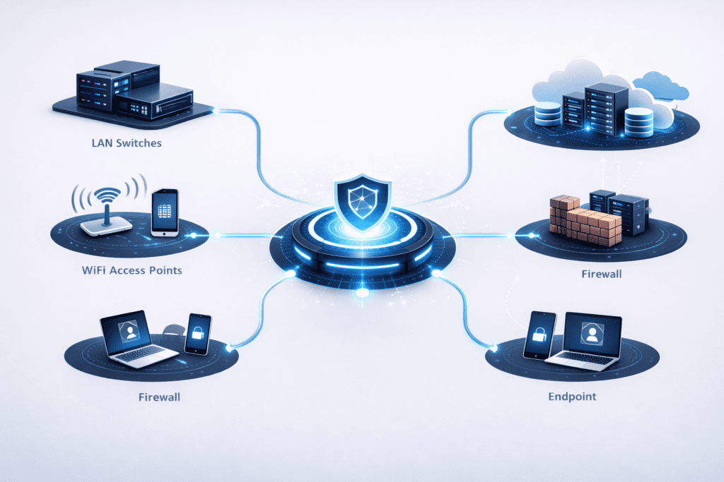 Hybrid enterprise network security platform with centralized policy engine architecture