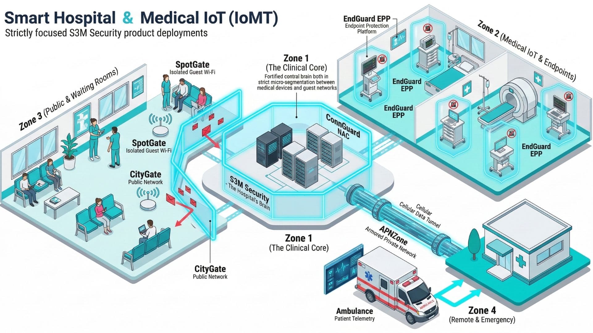 Zero Trust healthcare network security architecture protecting medical IoT devices hospital systems and patient data infrastructure.