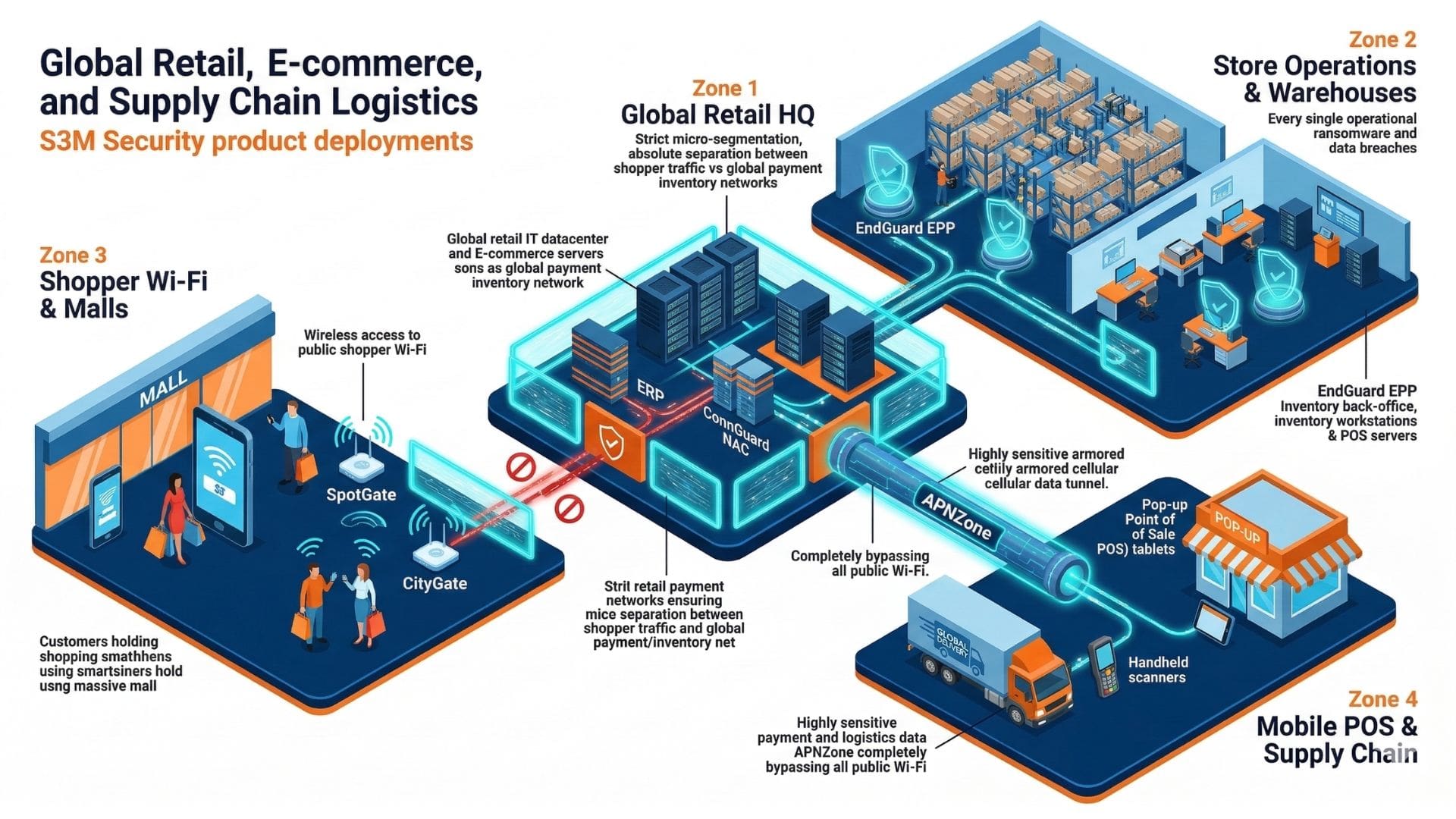 Zero Trust retail network security architecture showing POS isolation guest WiFi segmentation device identity control and secure store networks